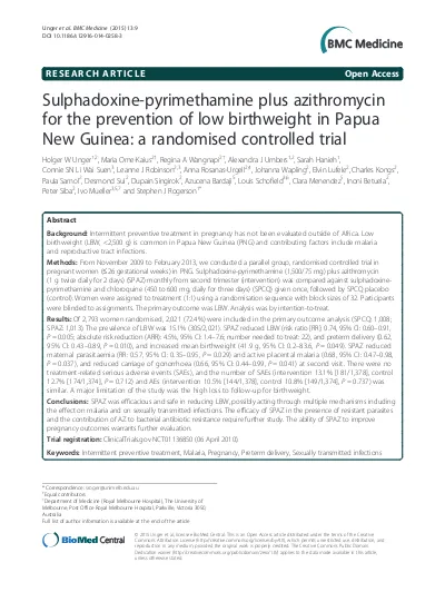 Sulphadoxine Pyrimethamine Plus Azithromycin For The Prevention Of Low Birthweight In Papua New Guinea A Randomised Controlled Trial