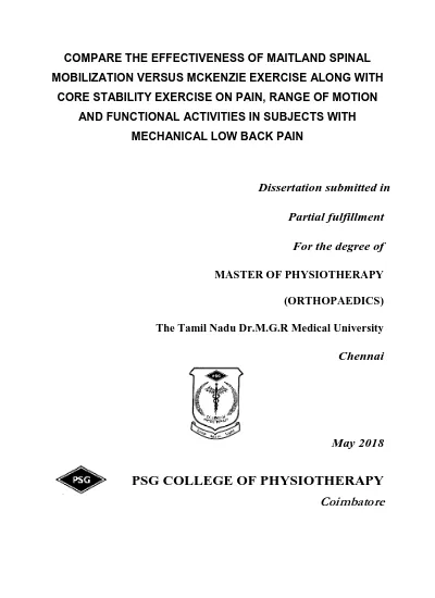 Compare The Effectiveness Of Maitland Spinal Mobilization Versus Mckenzie Exercise Along With Core Stability Exercise On Pain Range Of Motion And Functional Activities In Subjects With Mechanical Low Back Pain