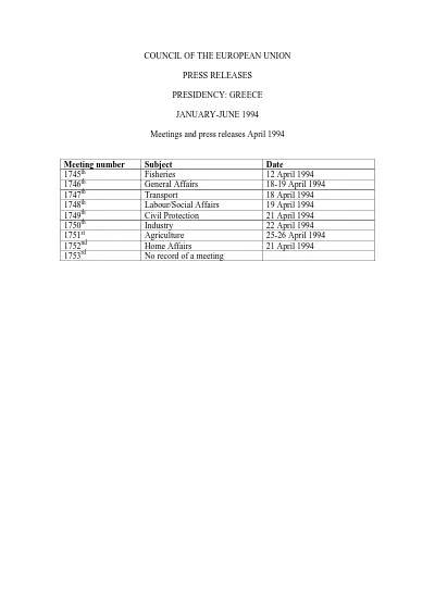 Council Of The European Communities Press Releases Presidency Greece January June 1994 Meetings And Press Releases April 1994