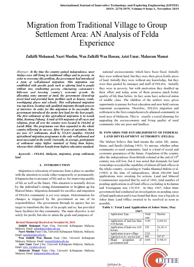 Migration From Traditional Village To Group Settlement Area An Analysis Of Felda Experience