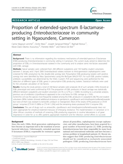 Top Pdf Proportion Of Extended Spectrum Ss Lactamase Producing Enterobacteriaceae In Community Setting In Ngaoundere Cameroon 1library