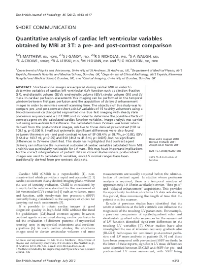 Quantitative Analysis Of Cardiac Left Ventricular Variables Obtained By Mri At 3 T A Pre And Post Contrast Comparison