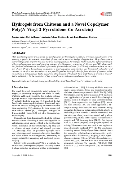 Hydrogels From Chitosan And A Novel Copolymer Poly N Vinyl 2 Pyrrolidone Co Acrolein