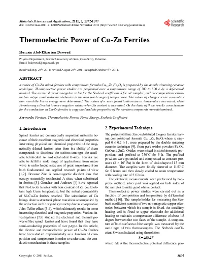 Thermoelectric Power Of Cu Zn Ferrites