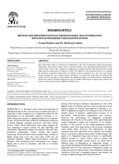 Method and implementation of enhanced ridge and optimization  with ann in fingerprint recognition system