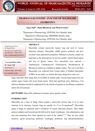 Pharmaco Economic Analysis Of Macrolide Antibiotics