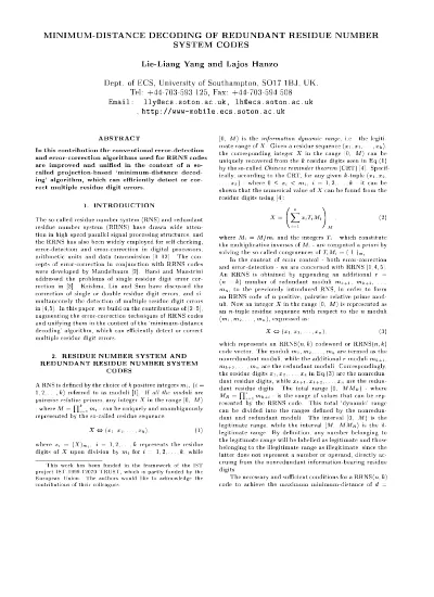 Minimum Distance Decoding Of Redundant Residue Number System Codes