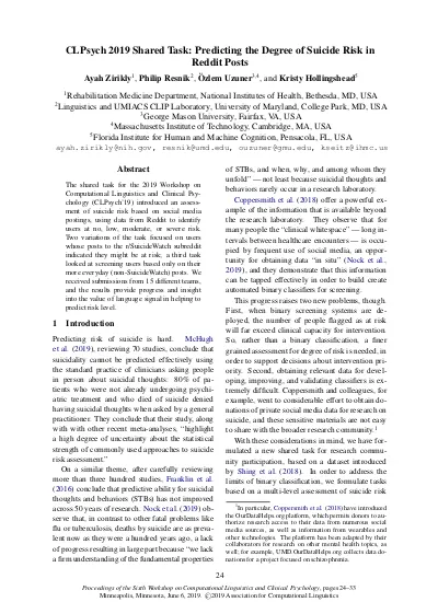 Clpsych 19 Shared Task Predicting The Degree Of Suicide Risk In Reddit Posts