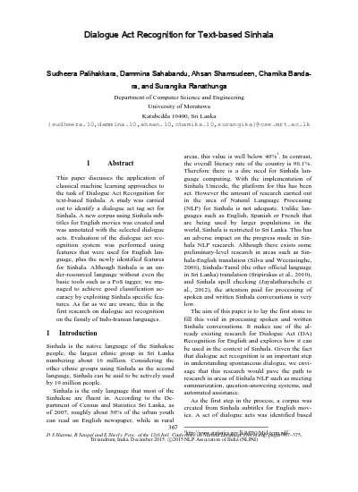 Dialogue Act Recognition For Text Based Sinhala