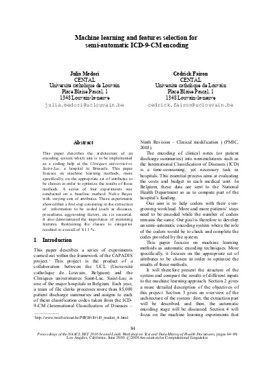 Machine learning and features selection for semi automatic ICD 9 CM encoding