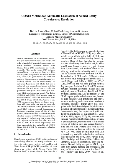 CONE: Metrics for Automatic Evaluation of Named Entity Co Reference Resolution