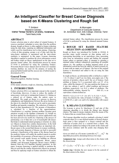 An Intelligent Classifier For Breast Cancer Diagnosis Based On K Means Clustering And Rough Set