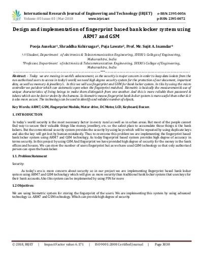 Design and Implementation of Fingerprint based Bank Locker System using ARM7 and GSM