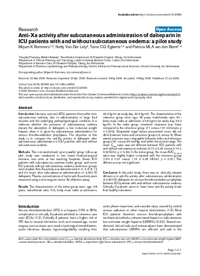 Anti Xa Activity After Subcutaneous Administration Of Dalteparin In Icu Patients With And Without Subcutaneous Oedema A Pilot Study