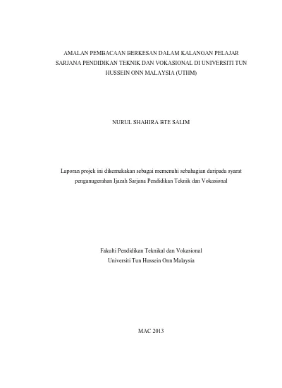 Amalan Pembacaan Berkesan Dalam Kalangan Pelajar Sarjana Pendidikan Teknik Dan Vokasional Di Universiti Tun Hussein Onn Malaysia Uthm