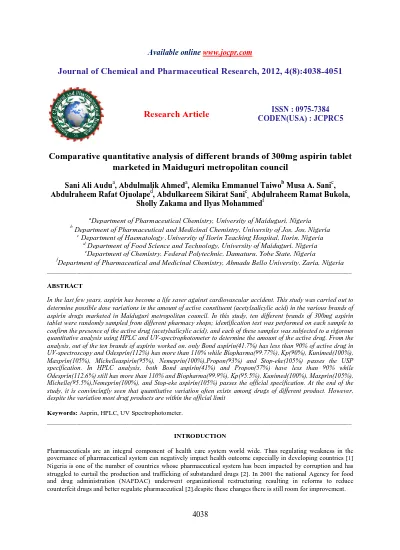 Comparative Quantitative Analysis Of Different Brands Of 300mg Aspirin Tablet Marketed In Maiduguri Metropolitan Council