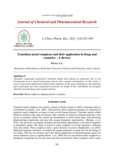 Transition Metal Complexes And Their Application In Drugs And Cosmetics A Review