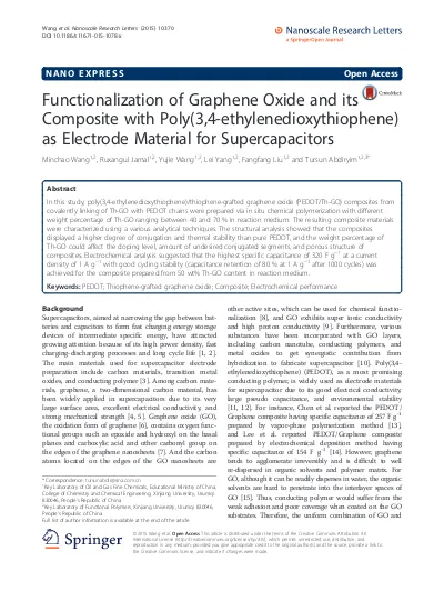 Functionalization Of Graphene Oxide And Its Composite With Poly 3 4 Ethylenedioxythiophene As Electrode Material For Supercapacitors