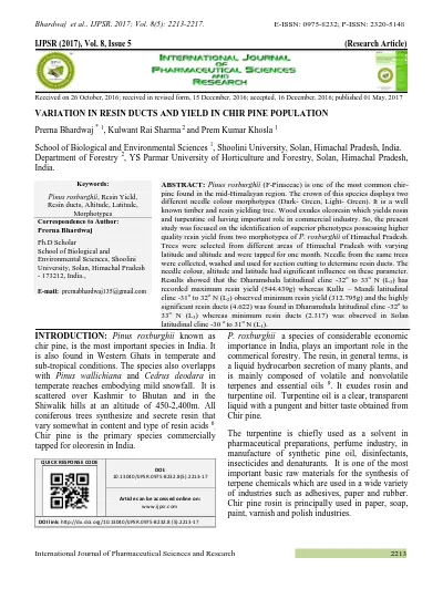 Variation In Resin Ducts And Yield In Chir Pine Population