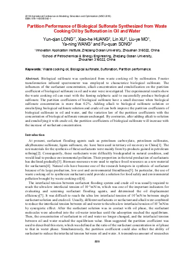 Partition Performance Of Biological Sulfonate Synthesized From Waste Cooking Oil By Sulfonation In Oil And Water