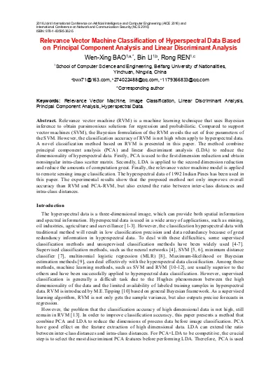 Relevance Vector Machine Classification Of Hyperspectral Data Based On Principal Component Analysis And Linear Discriminant Analysis