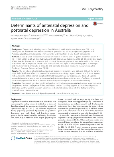 Top Pdf Determinants Of Antenatal Depression And Postnatal Depression In Australia 1library