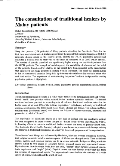 The Consultation Of Traditional Healers By Malay Patients