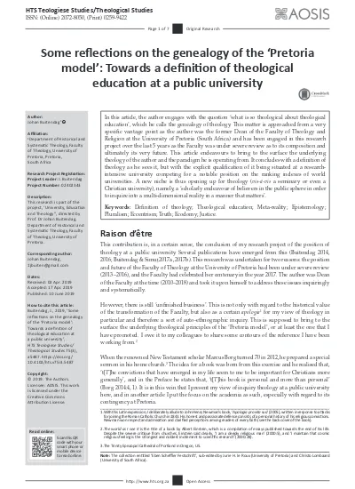 Some Reflections On The Genealogy Of The Pretoria Model Towards A Definition Of Theological Education At A Public University