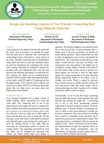 Design and Buckling Analysis of Two Wheeler Connecting Rod Using Different Materials   Borra Ramesh Babu, Sri Dr K Hari Babu & Krishna Veni K