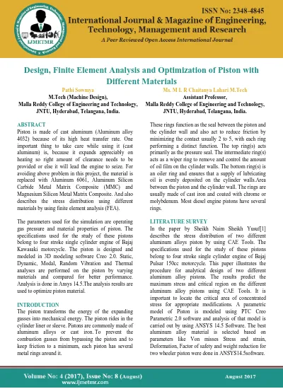 Design, Finite Element Analysis and Optimization of Piston with Different Materials  Pathi Sowmya & Ms M L R Chaitanya Lahari