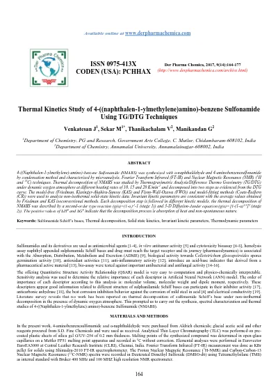 Thermal Kinetics Study Of 4 Naphthalen 1 Ylmethylene Amino Benzene Sulfonamide Using Tg Dtg Techniques