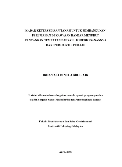 Kadar Ketersediaan Tanah Untuk Pembangunan Perumahan Di Kawasan Bandar Menurut Rancangan Tempatan Daerah Keberkesanannya Dari Perspektif Pemaju