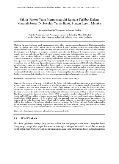 Faktor Faktor Yang Mempengaruhi Remaja Terlibat Dalam Masalah Sosial Di Sekolah Tunas Bakti Sungai Lereh Melaka