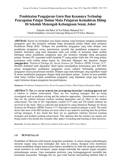 Pendekatan Pengajaran Guru Dan Kesannya Terhadap Pencapaian Pelajar Dalam Mata Pelajaran Kemahiran Hidup Di Sekolah Menengah