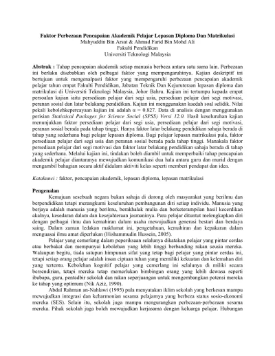 Faktor Faktor Mempengaruhi Pencapaian Akademik Yang Rendah Di Kalangan Mahasiswa I Universiti Teknologi Mara Uitm Kelantan Bagi Semester Disember 2005 Mei 2006