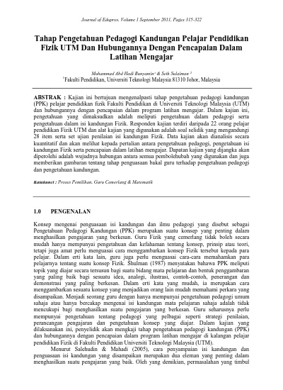 Tahap Pengetahuan Pedagogi Kandungan Pelajar Pendidikan Fizik Utm Dan Hubungannya Dengan Pencapaian Dalam Latihan Mengajar