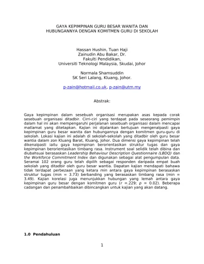 Hubungan Antara Kepimpinan Transformasi Guru Besar Dengan Kepuasan Kerja Guru Di Sekolah Kebangsaan Kurang Murid Gemilang Tujuh Segamat Johor Pdf Free Download
