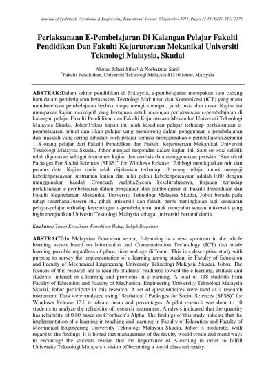 Penggunaan E Pembelajaran Dan Hubungannya Dengan Pencapaian Akademik Pelajar Di Fakulti Pendidikan Universiti Teknologi Malaysia Skudai Johor