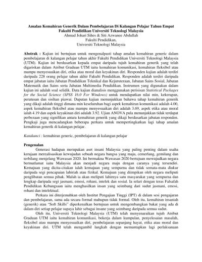 Penggunaan E Pembelajaran Dan Hubungannya Dengan Pencapaian Akademik Pelajar Di Fakulti Pendidikan Universiti Teknologi Malaysia Skudai Johor