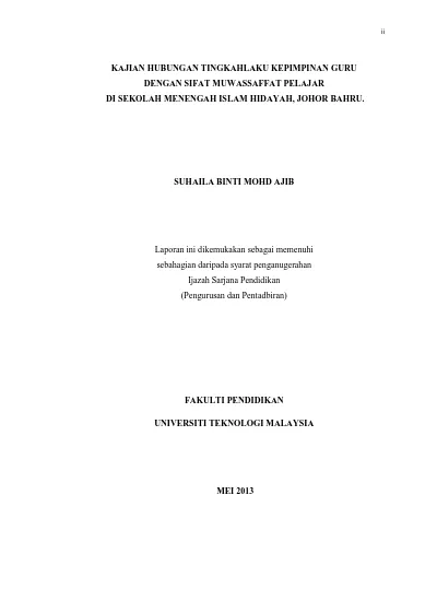 Hubungan Antara Gaya Kepimpinan Pengetua Dengan Motivasi Dalam Kalangan Guru Sekolah Menengah Kebangsaan Harian Daerah Kluang Johor