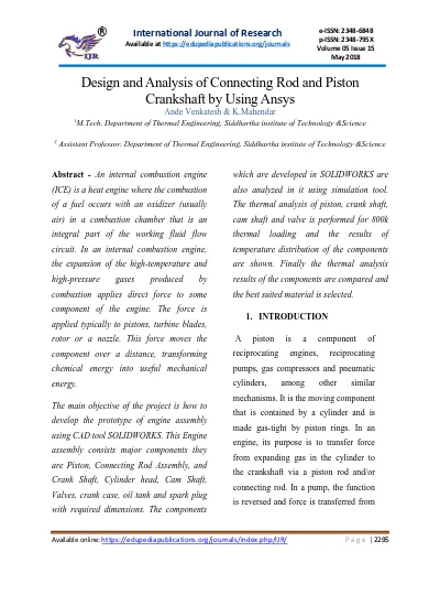 Design and Analysis of Connecting Rod and Piston Crankshaft by Using Ansys