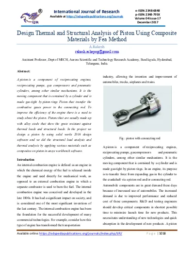 Design Thermal and Structural Analysis of Piston Using Composite Materials by Fea Method