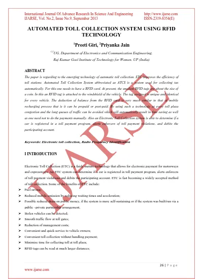 AUTOMATED TOLL COLLECTION SYSTEM USING RFID TECHNOLOGY