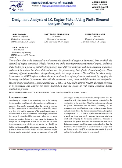 Design and Analysis of I.C. Engine Piston Using Finite Element Analysis (Ansys)