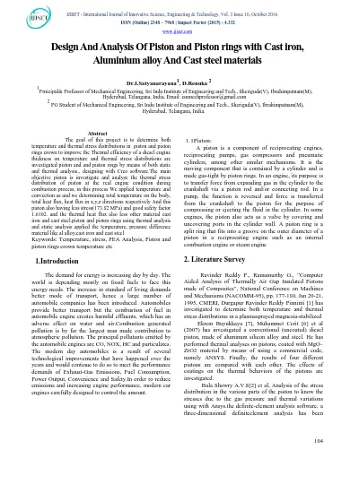 Design And Analysis Of Piston and Piston rings with Cast iron, Aluminium alloy And Cast steel materials