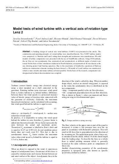 Model tests of wind turbine with a vertical axis of rotation type Lenz 2