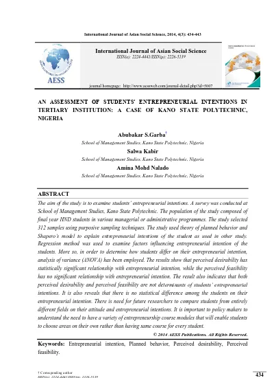 An Assessment Of Students Entrepreneurial Intentions In Tertiary Institution A Case Of Kano State Polytechnic Nigeria