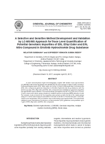 A Selective And Sensitive Method Development And Validation By Lc Ms Ms Approach For Trace Level Quantification Of Potential Genotoxic Impurities Of Erl Ethyl Ester And Erl Nitro Compound In Erlotinib Hydrochloride Drug Substance