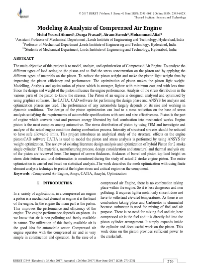 Modeling & Analysis of Compressed Air Engine Mohd Yousuf Ahmed 1, Durga Prasad2 , Atram Suresh 3, Mohammad Altaf4