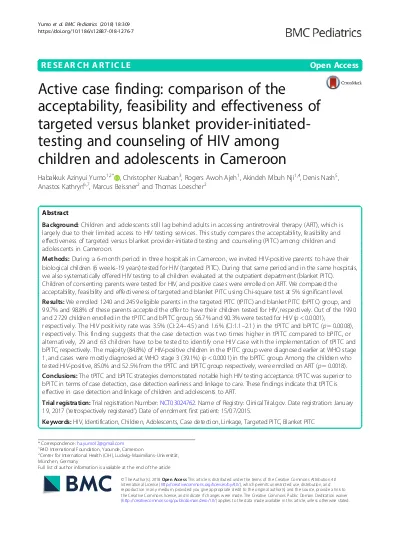 Feasibility And Utility Of Active Case Finding Of Hiv Infected Children And Adolescents By Provider Initiated Testing And Counselling Evidence From The Laquintinie Hospital In Douala Cameroon